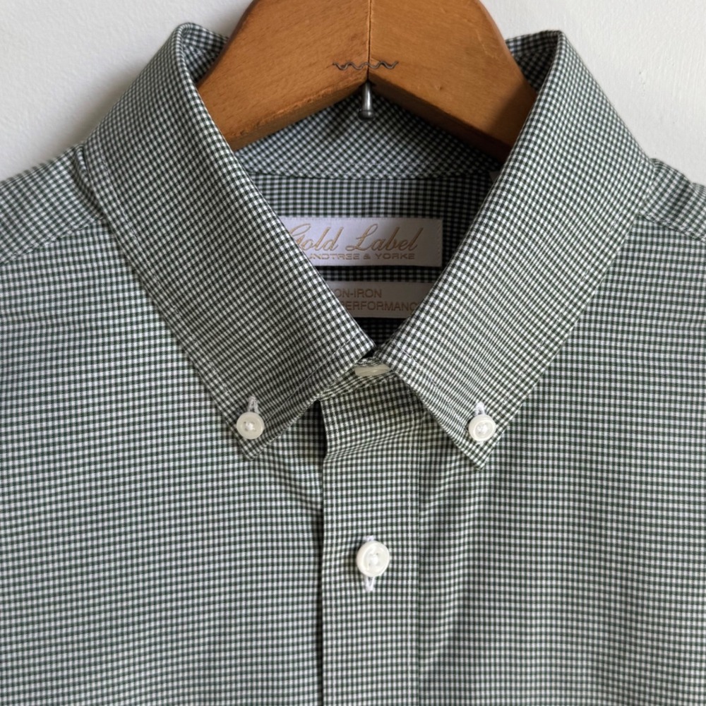 Roundtree & Yorke Gold Label Mens Green Gingham Non-Iron Button Down Shirt M